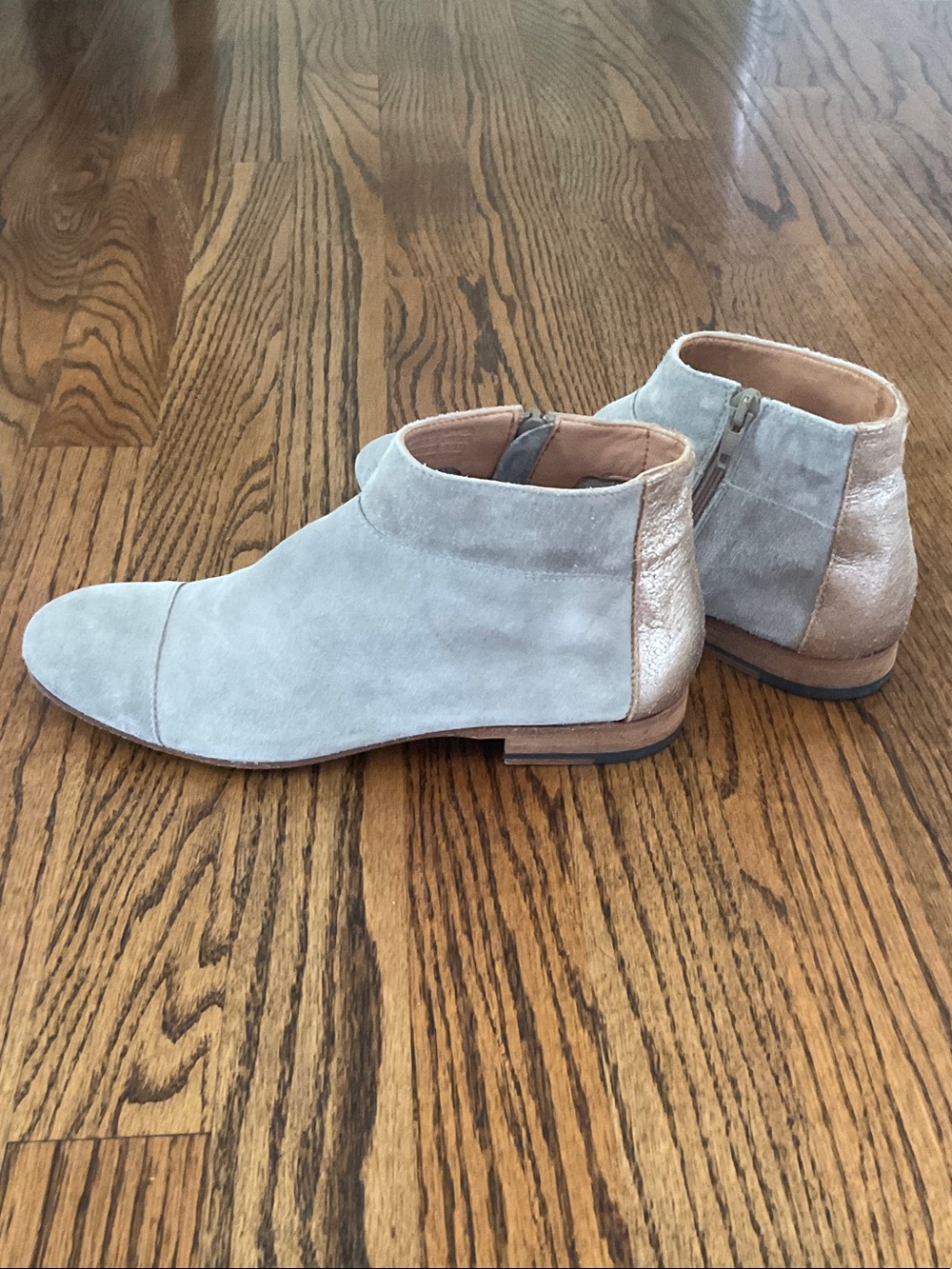 NOW Taupe Flat Suede Ankle Boots Distressed Gold Leather Heel